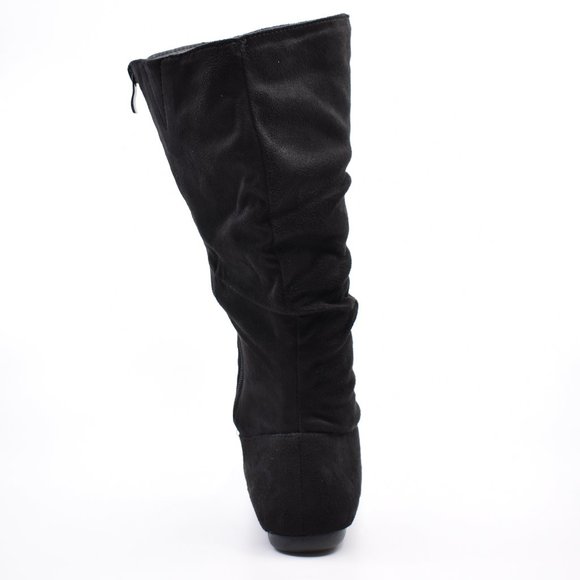 Black Faux Suede Flat Wrinkle Slouch Round Boots - Picture 3 of 5